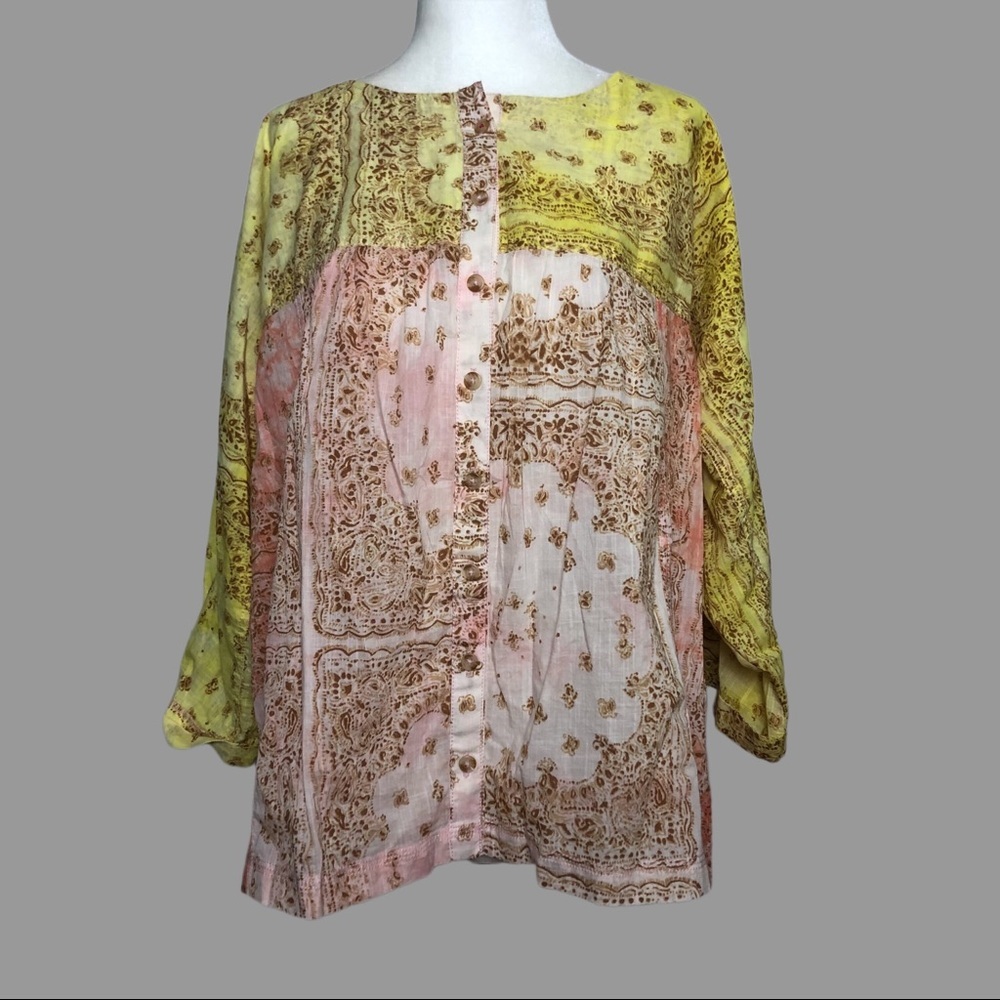 💛 M 💛 NWT Anthro Top Blouse Buttondown Tie Dye Colour Block Boho